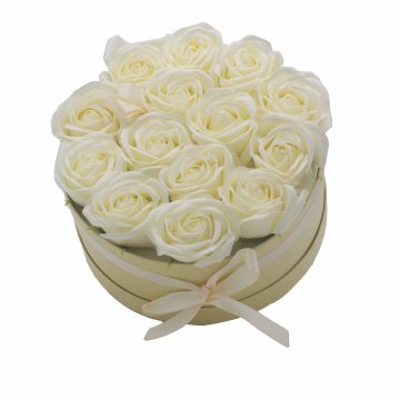 Darčekový box z mydlových kvetov - 14 krémových ruží - kruh